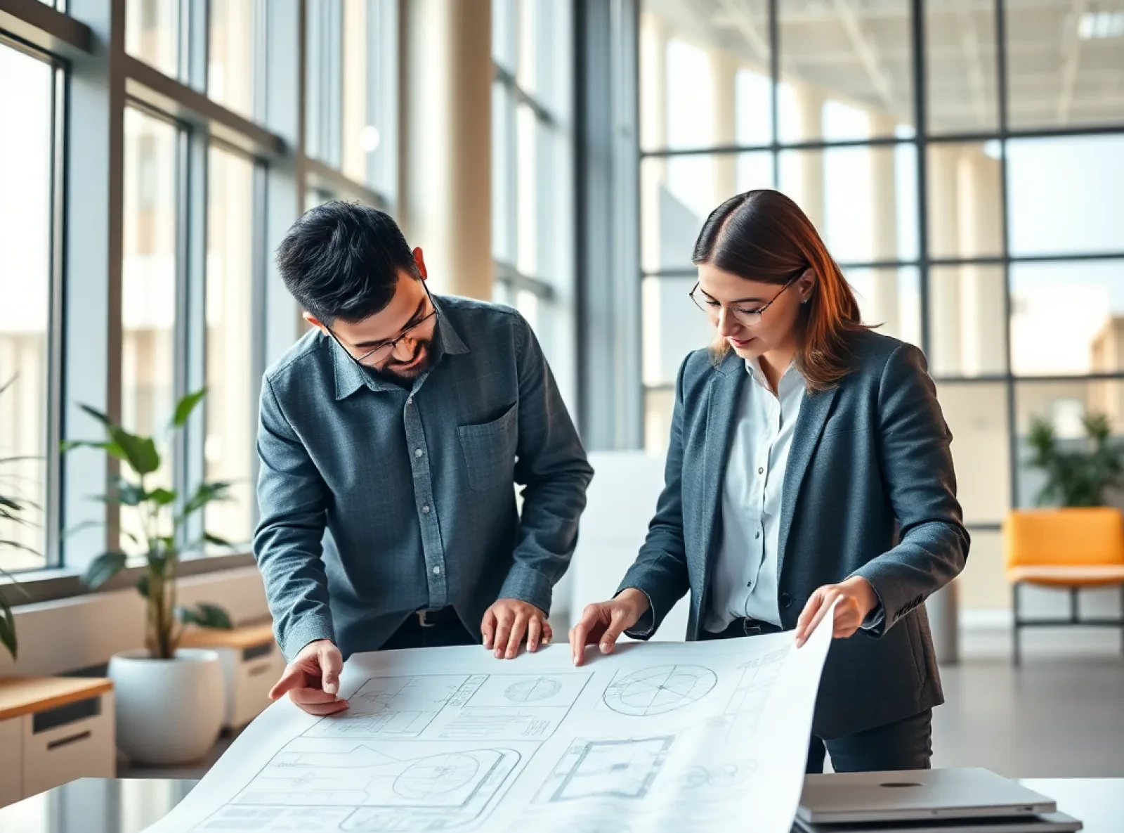 Twee ingenieurs bespreken een tekening in een licht kantoor