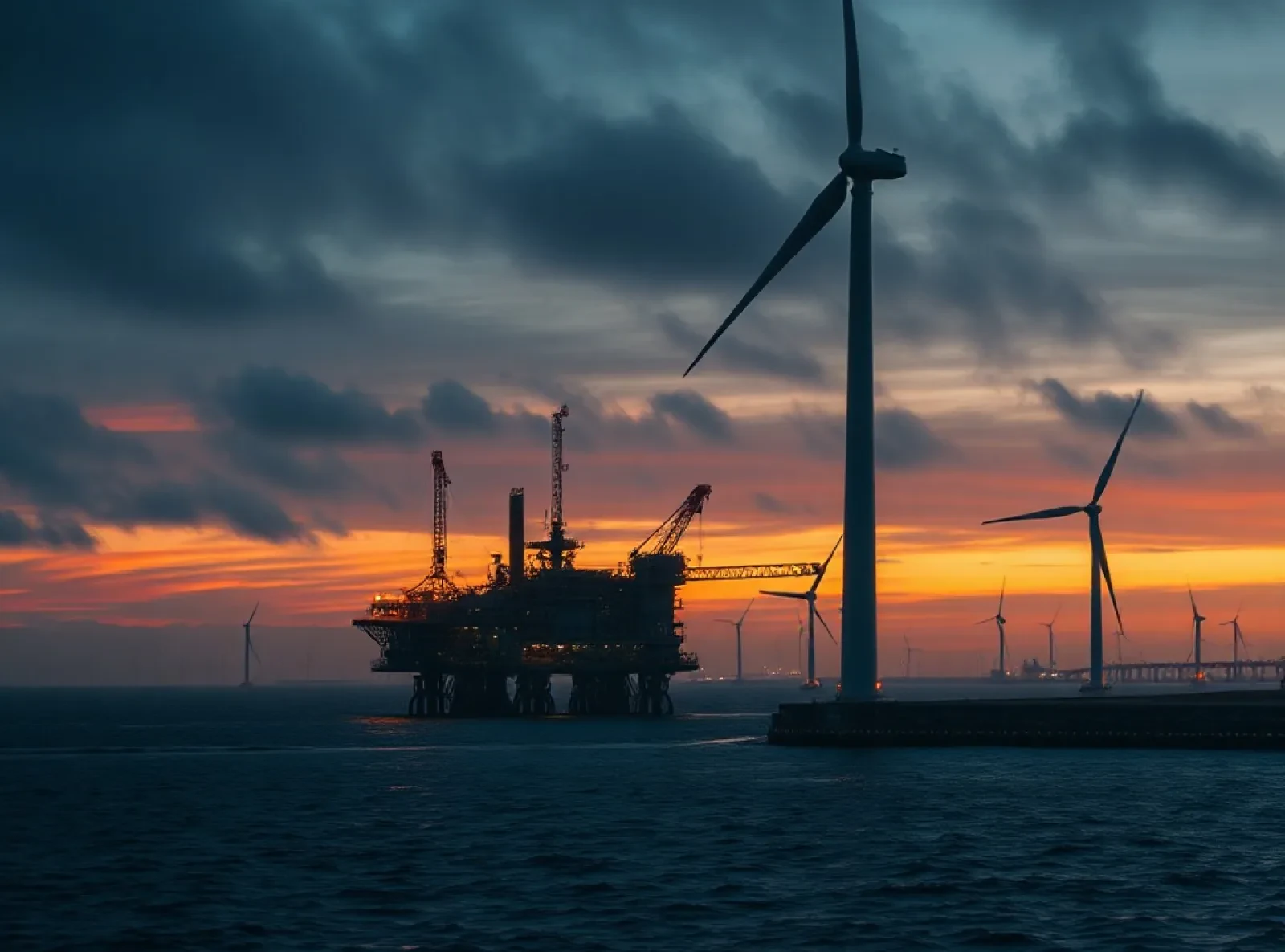 Een windpark en een offshoreplatform voor de Nederlandse kust bij zonsopkomst